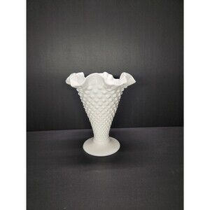Vintage Fenton Glass Vase Hobnail White Milk Glass Cone Trumpet Shape 7 3/4" T
